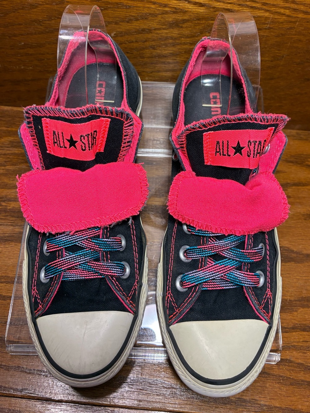 Converse All Star Double Tongue Ox Sneakers Specialty Laces Black Pink Women’s 7